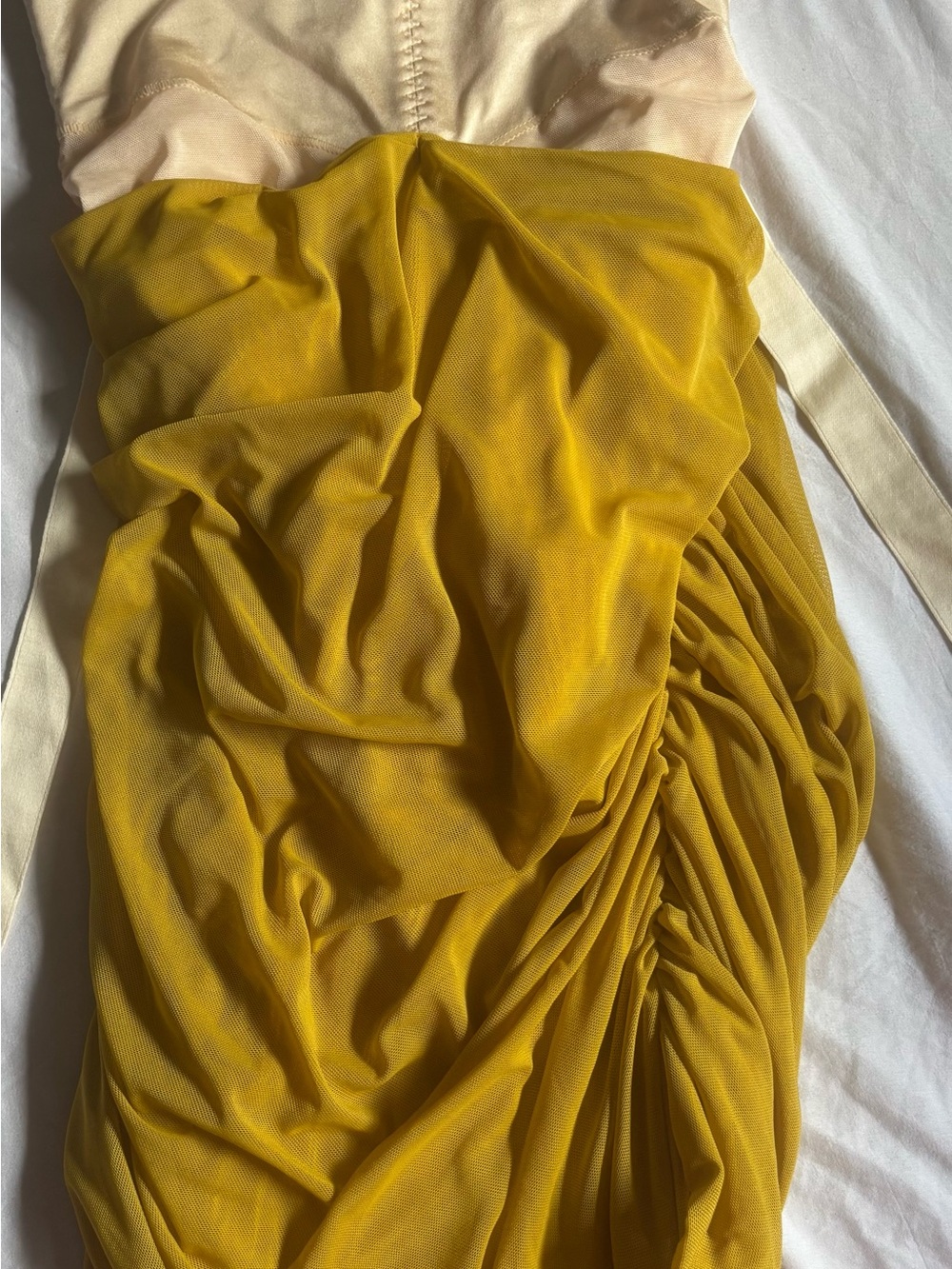 English Factory Mustard Draped Cowl Neck Dress with Cream Ties - Picture 3 of 3